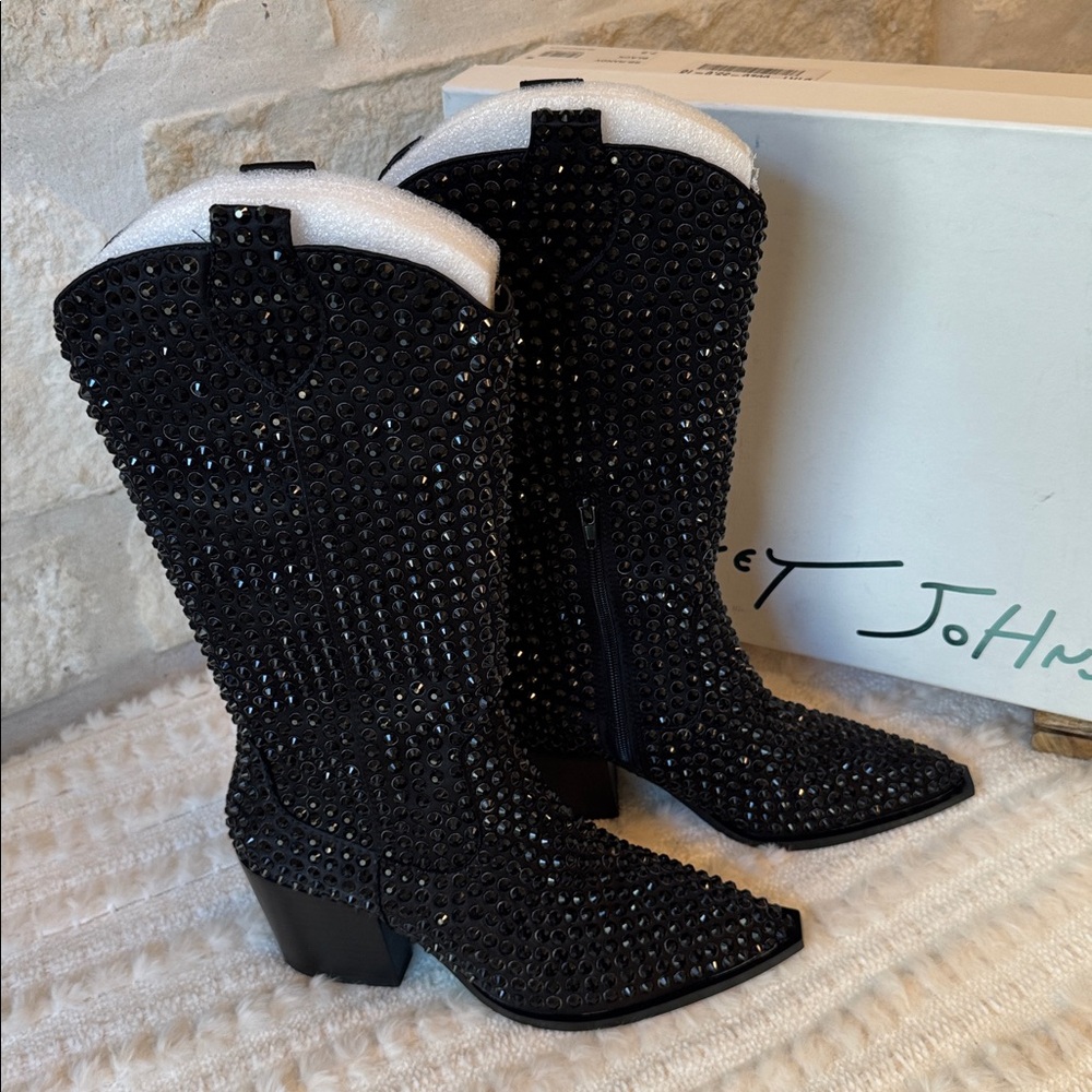 Betsey Johnson Black Crystal-Embellished Knee-High Western Boots - Picture 14 of 16
